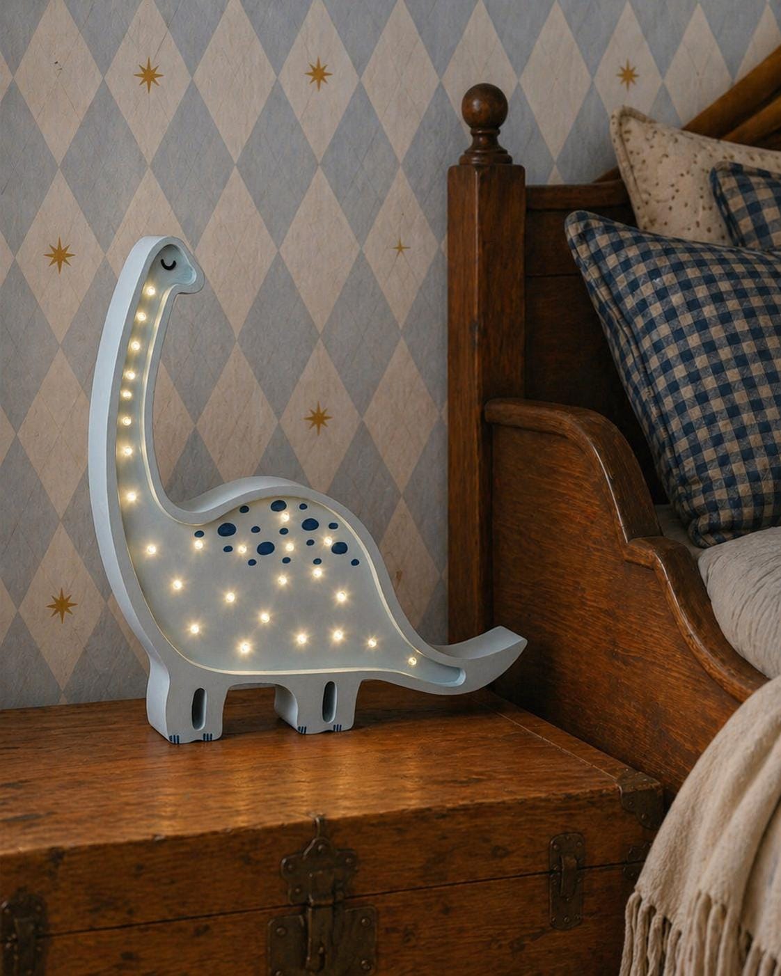 Dino Night Light Diplodocus Wooden Lamp for Kids Room Baby Gift Blue Dinosaur Decor Brontosaurus Dinosaur Wallpaper Nursery Dino Gift Idea