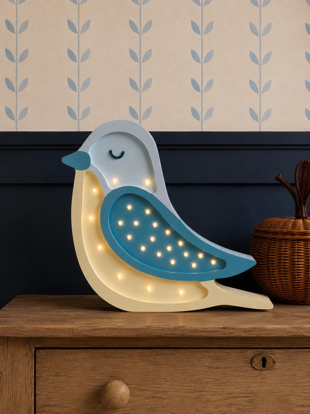 Nachtlicht Vogel aus Holz für Mädchen und Jungen, Nachttischlampe, Wandleuchte, Kinderzimmerleuchte, Boho Blauer Vogel Deko, Babyparty Geschenk Türkis Gelb