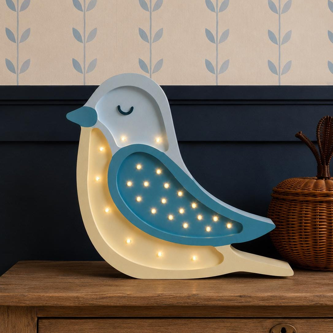 Nachtlicht Vogel aus Holz für Mädchen und Jungen, Nachttischlampe, Wandleuchte, Kinderzimmerleuchte, Boho Blauer Vogel Deko, Babyparty Geschenk Türkis Gelb