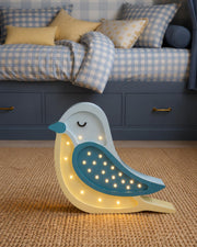Nachtlicht Vogel aus Holz für Mädchen und Jungen, Nachttischlampe, Wandleuchte, Kinderzimmerleuchte, Boho Blauer Vogel Deko, Babyparty Geschenk Türkis Gelb