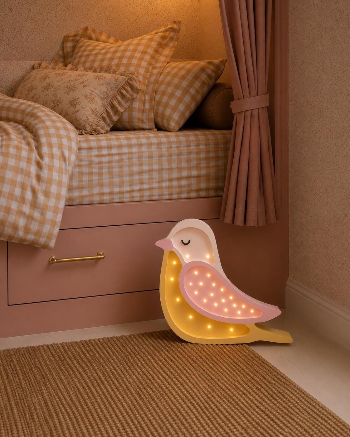 Wooden Bird Night Light Lamp for Girls' Room Bedside Table Lamp and Wall Decor Nursery Boho Woodland Bird Pink Mustard Baby Shower Gift