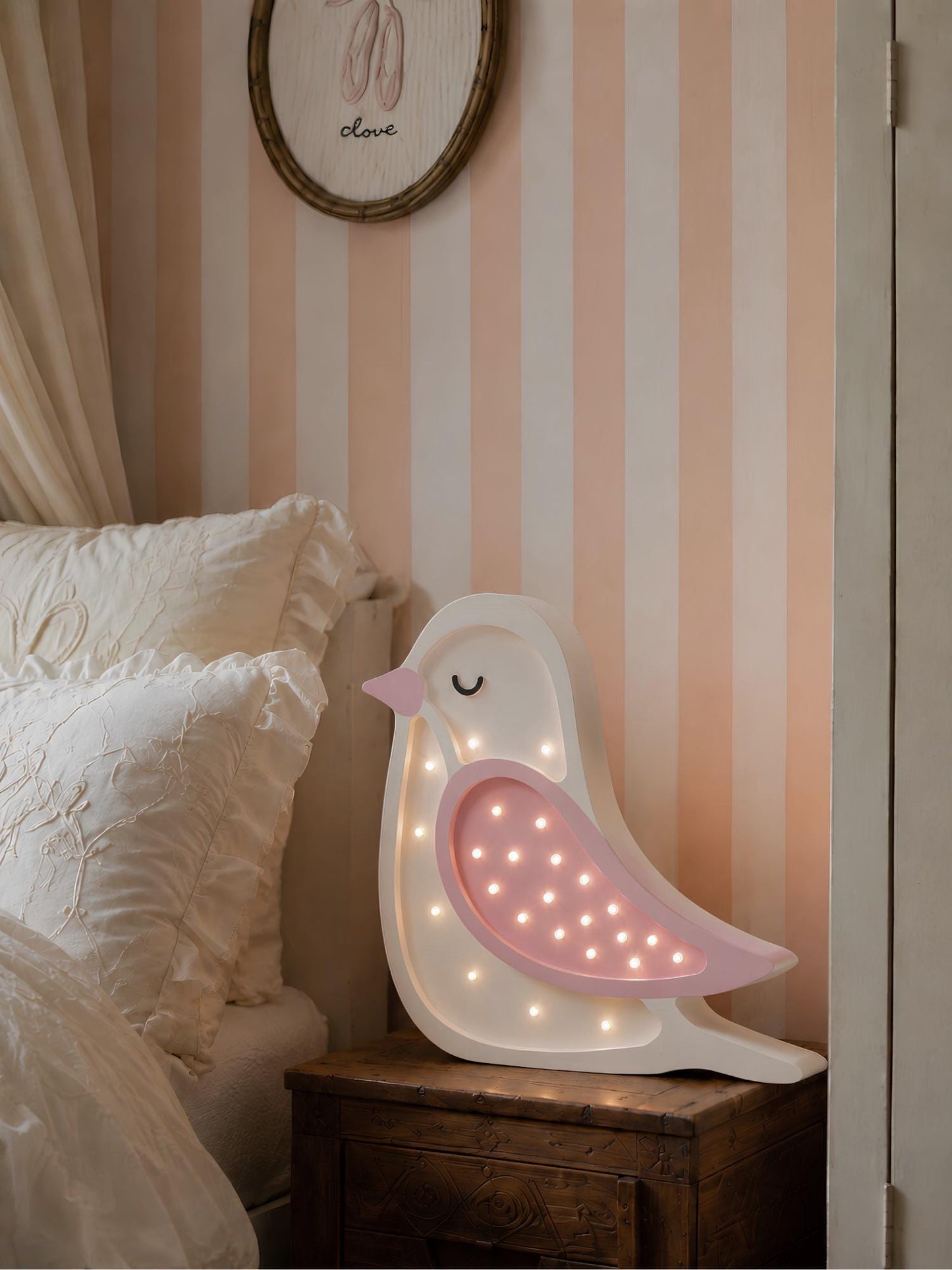 Wooden Bird Night Light Lamp for Girls' Room Bedside Table Lamp and Wall Decor Nursery Boho Woodland Bird Pink Creamy Baby Shower Gift