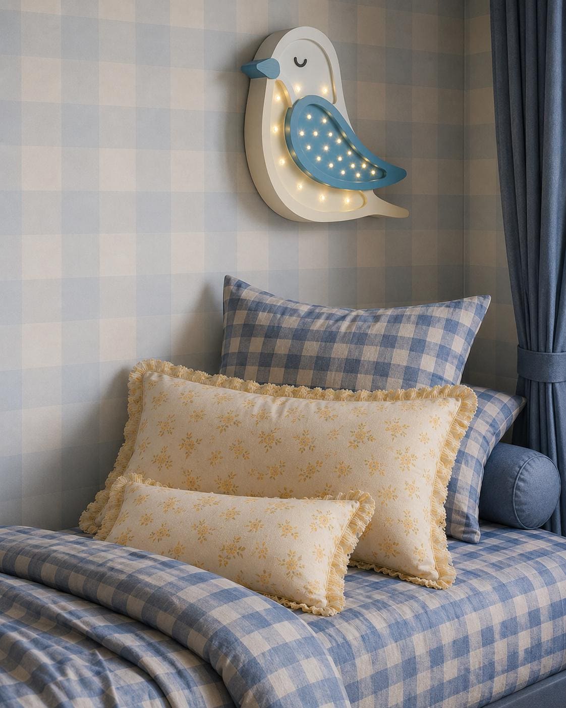 Nachtlicht Vogel aus Holz für Mädchen und Jungen, Nachttischlampe, Wandleuchte, Kinderzimmerleuchte, Boho Blauer Vogel Deko, Babyparty Geschenk Türkis Gelb