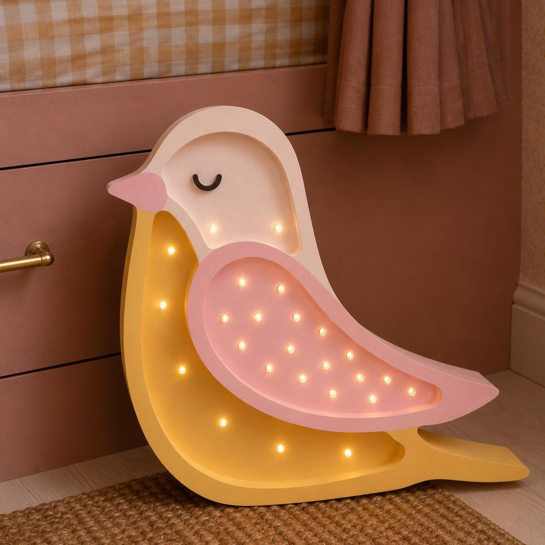 Nachtlicht-Lampe aus Holz mit Vogelmotiv für Mädchenzimmer, Nachttischlampe und Wanddekoration, Kinderzimmer, Boho-Waldvogel, Rosa-Senf, Babyparty-Geschenk