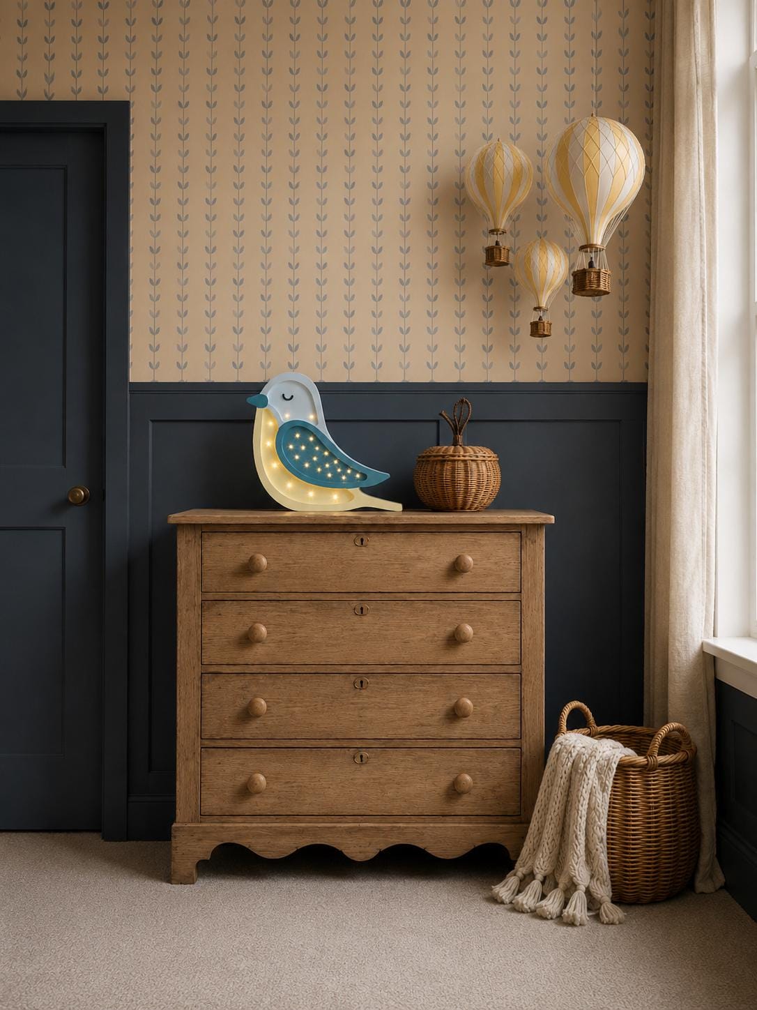 Nachtlicht Vogel aus Holz für Mädchen und Jungen, Nachttischlampe, Wandleuchte, Kinderzimmerleuchte, Boho Blauer Vogel Deko, Babyparty Geschenk Türkis Gelb