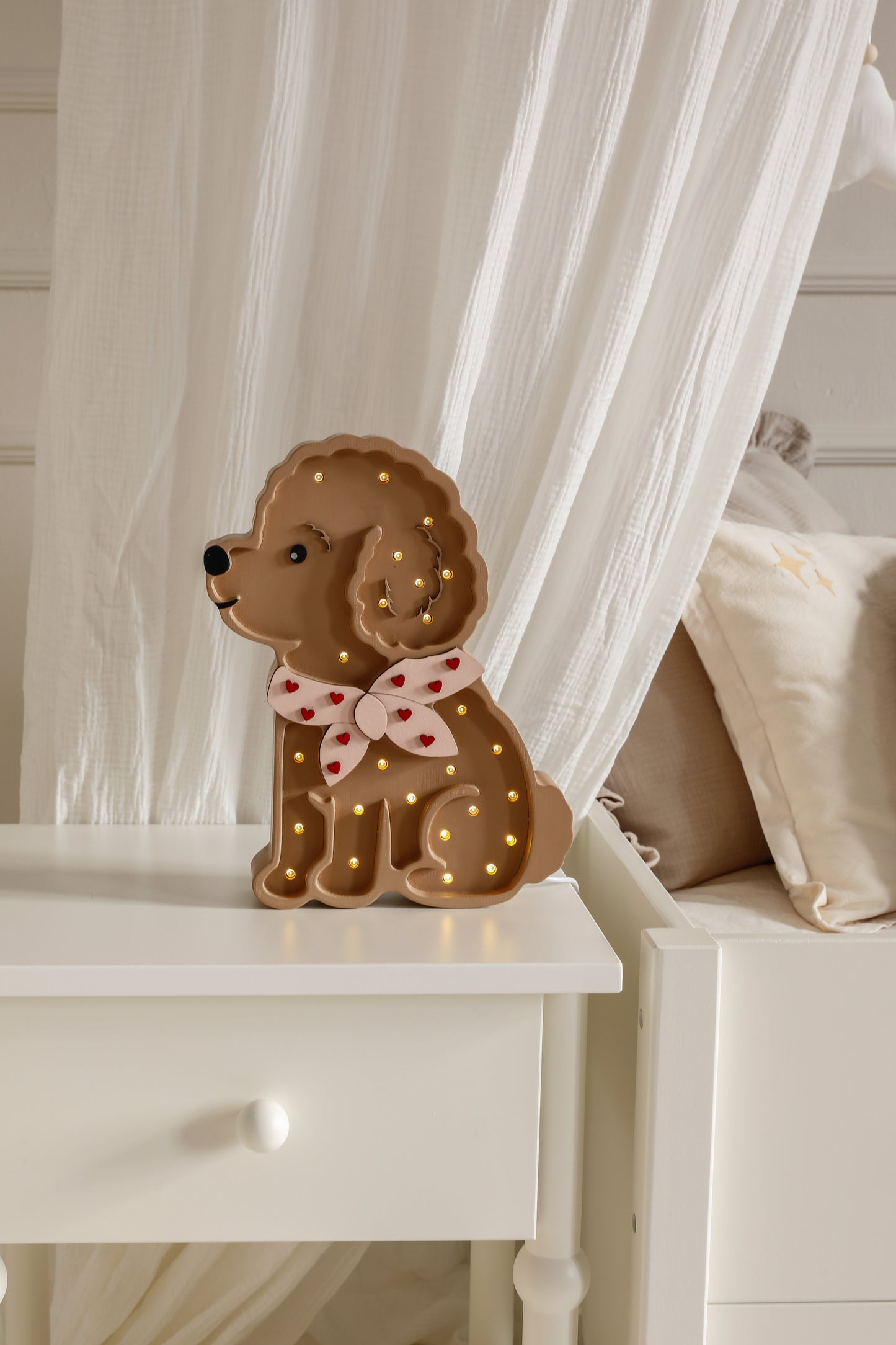 Little Lights Poodle Dog Lotta Night Light | Red Hearts on Pink