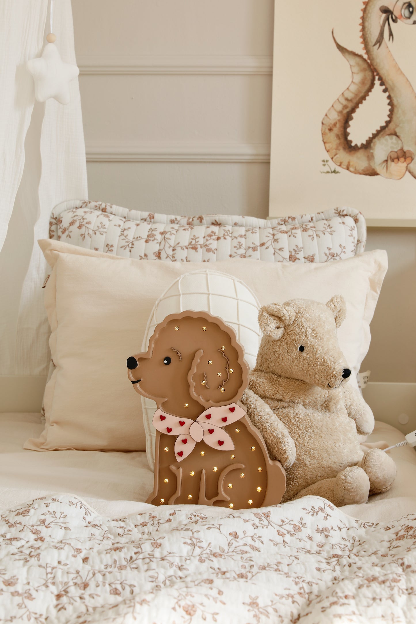 Little Lights Poodle Dog Lotta Night Light | Red Hearts on Pink