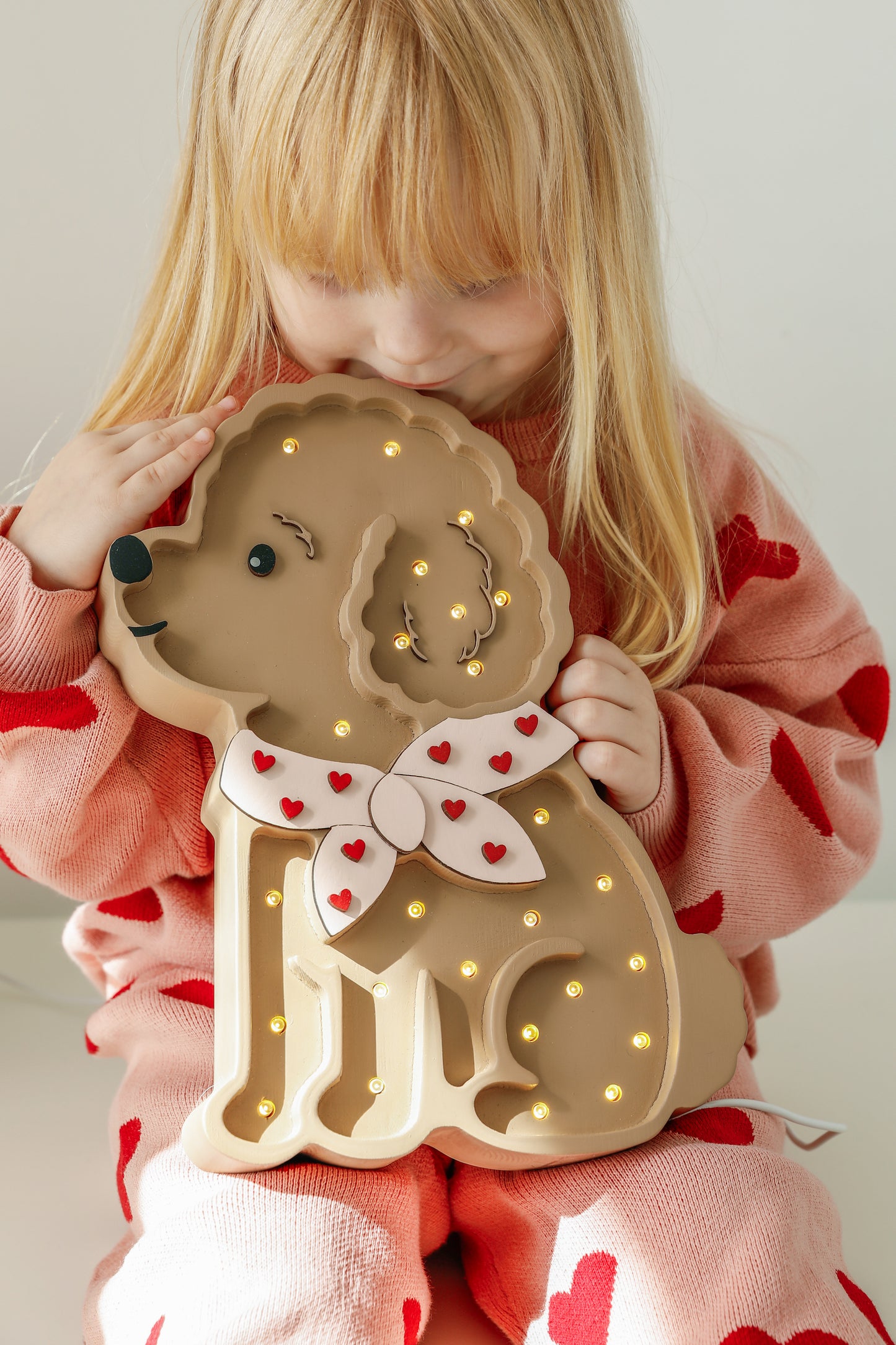 Little Lights Poodle Dog Lotta Night Light | Red Hearts on Pink