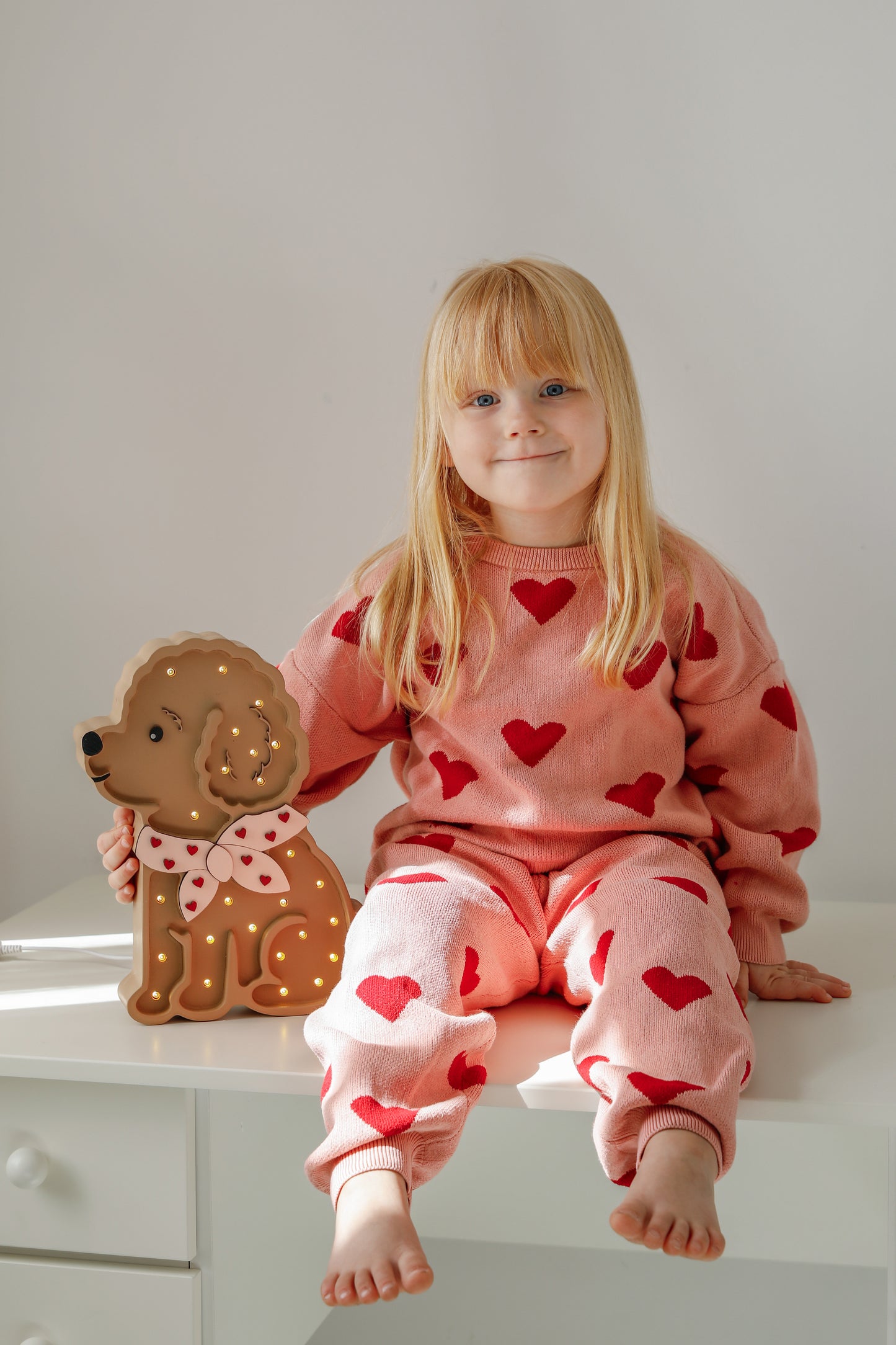 Little Lights Poodle Dog Lotta Night Light | Red Hearts on Pink