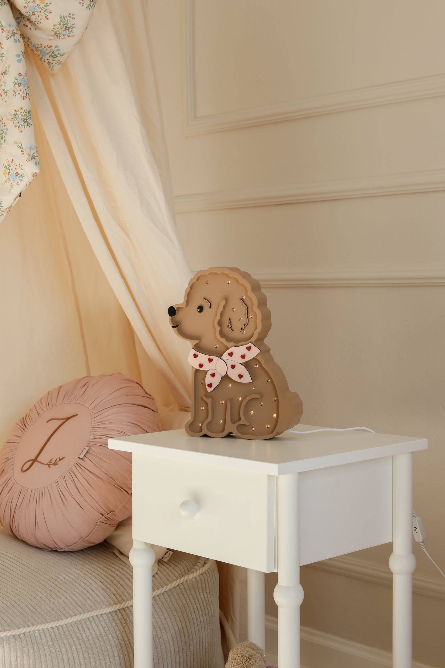 Little Lights Poodle Dog Lotta Night Light | Red Hearts on Pink