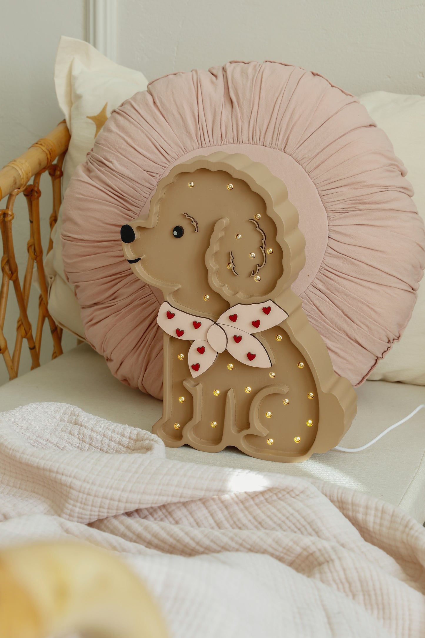 Little Lights Poodle Dog Lotta Night Light | Red Hearts on Pink