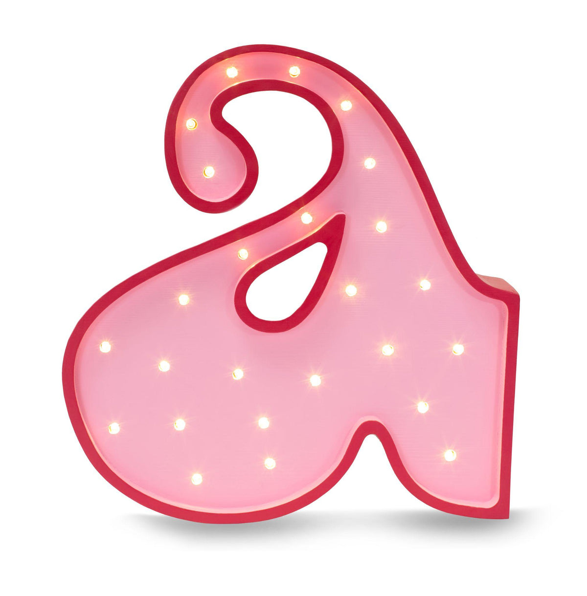 Little Lights Hippie letter A night light in Groovy Pink, illuminated