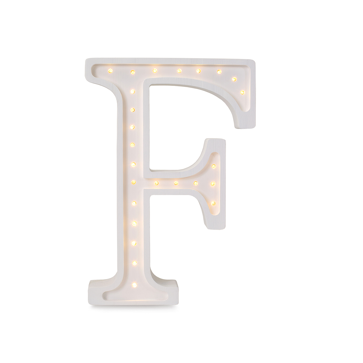 Little Lights wooden letter F night light in white, illuminated