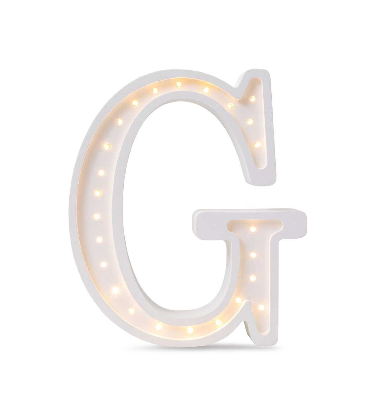 Little Lights wooden letter G night light in white, illuminated