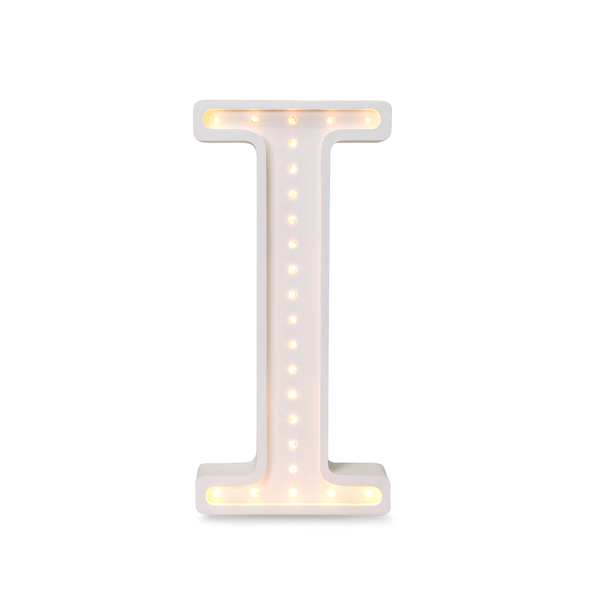 Little Lights wooden letter I night light in white, illuminated