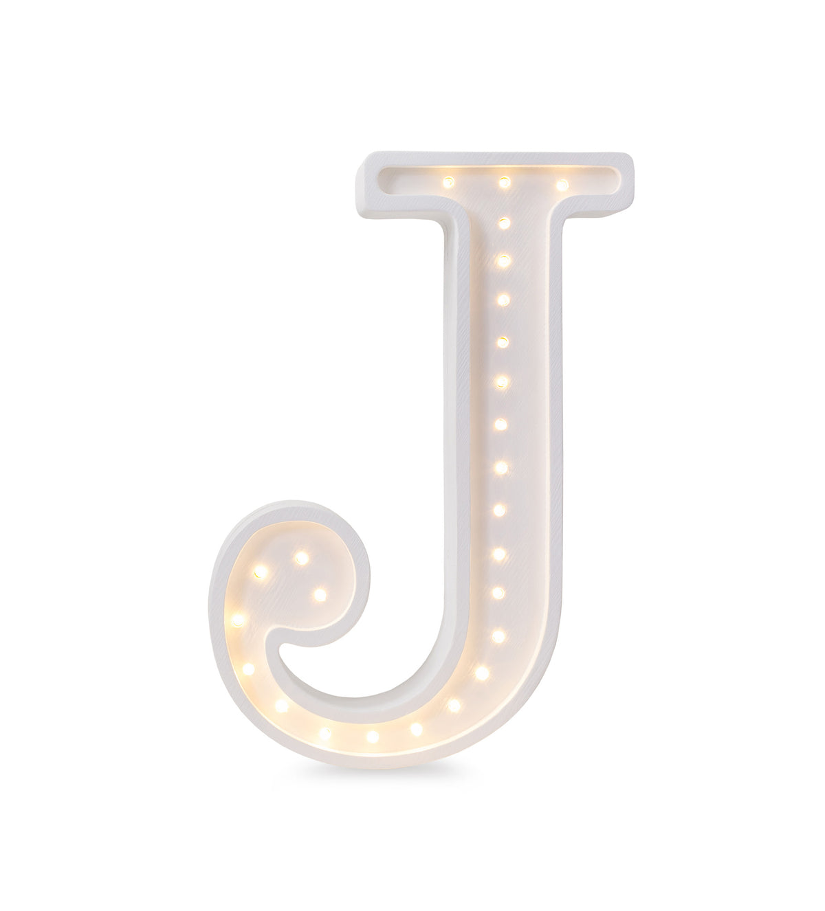 Little Lights wooden letter J night light in white, illuminated