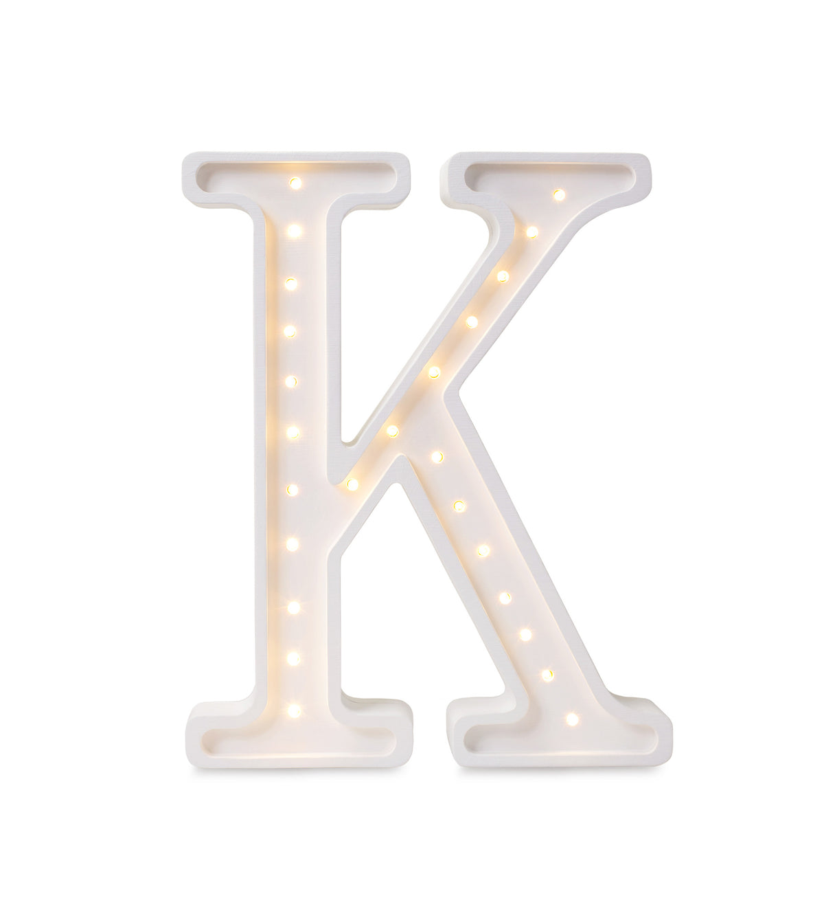 Little Lights wooden letter K night light in white, illuminated