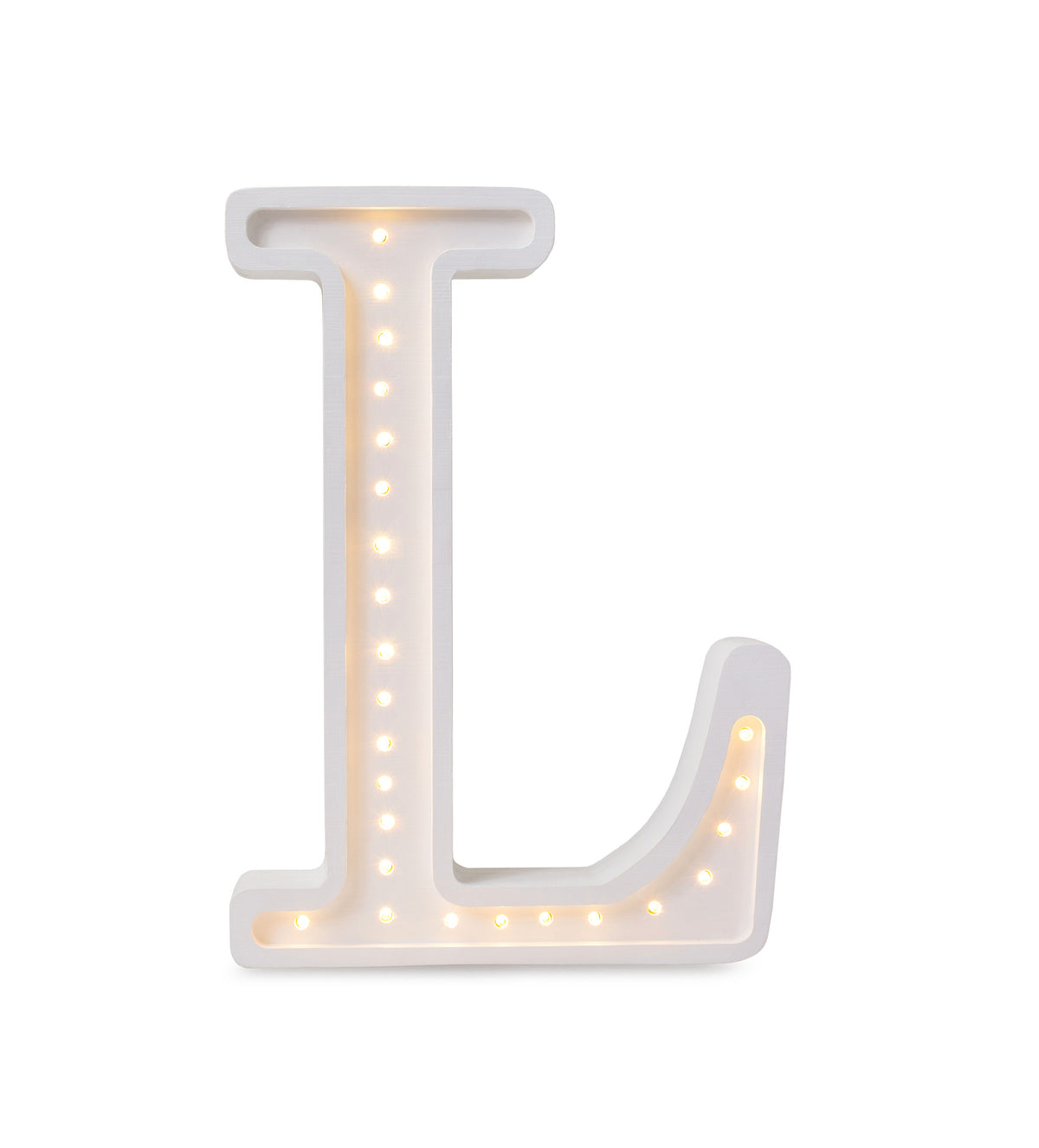 Little Lights wooden letter L night light in white, illuminated
