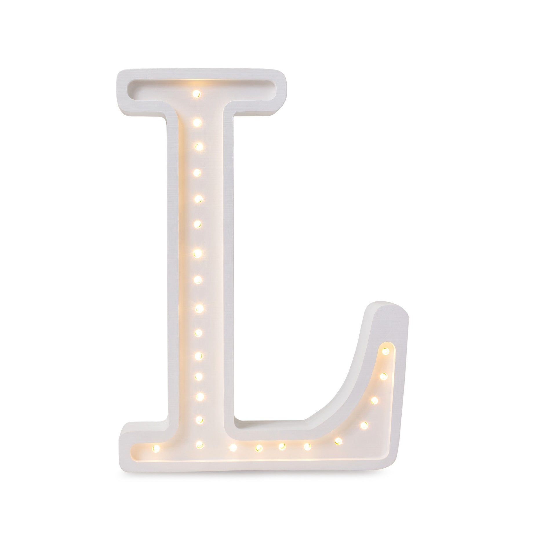 Little Lights wooden letter L night light in white, illuminated