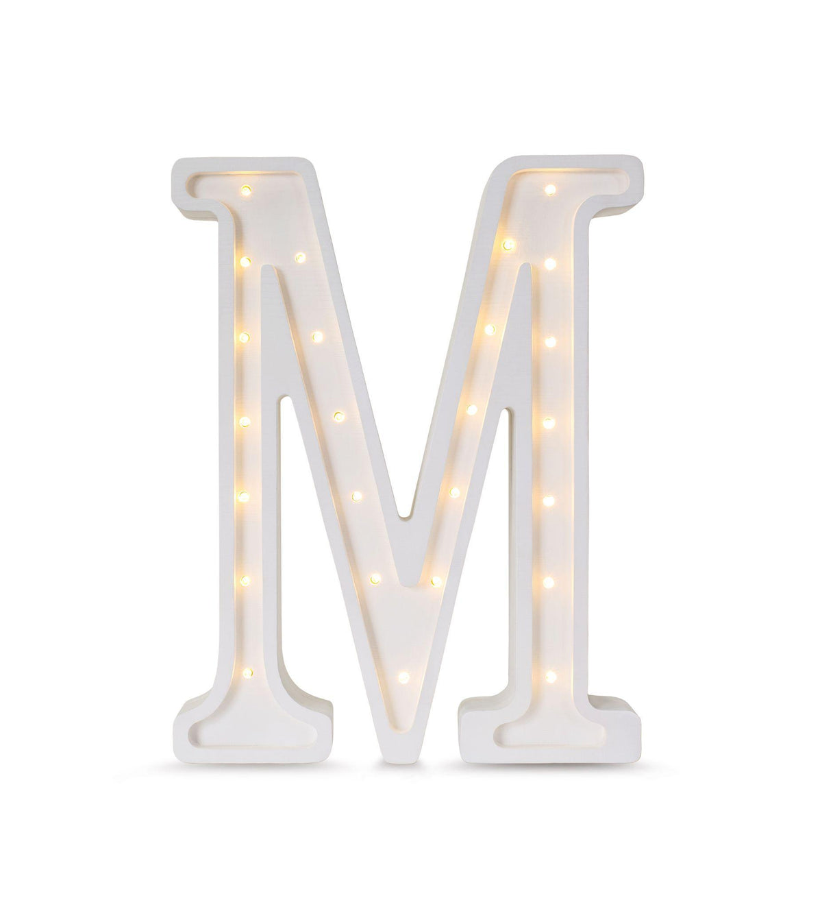 Little Lights wooden letter M night light in white, illuminated