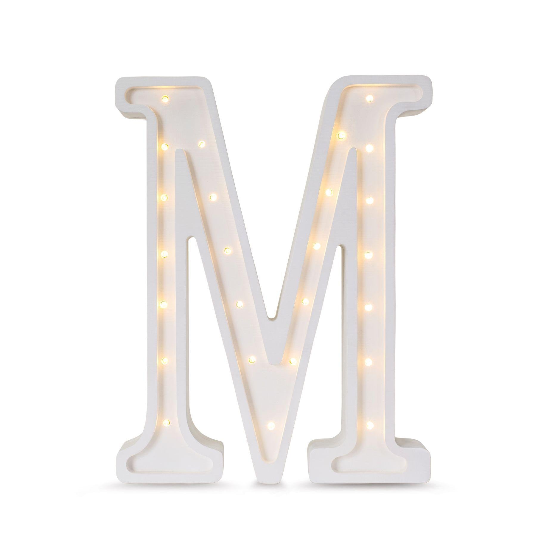 Little Lights wooden letter M night light in white, illuminated