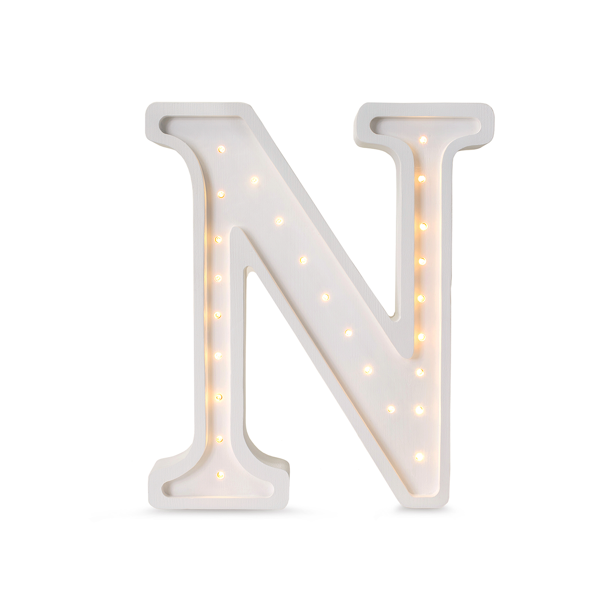 Little Lights wooden letter N night light in white, illuminated