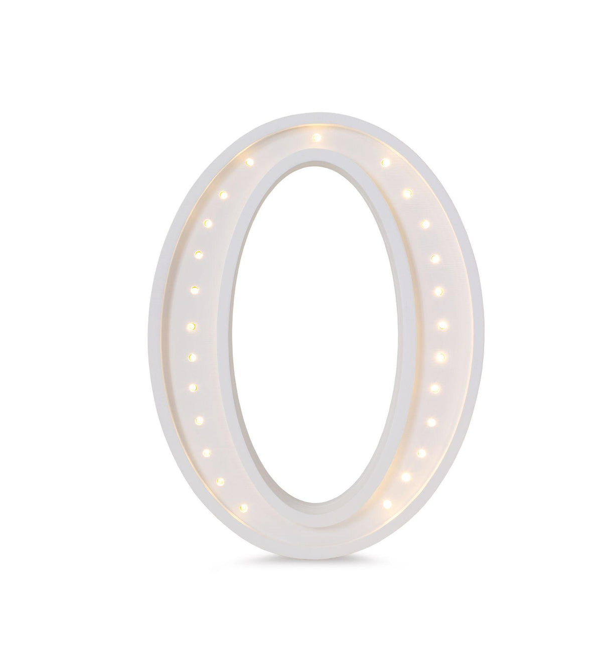 Little Lights wooden letter O night light in white, illuminated
