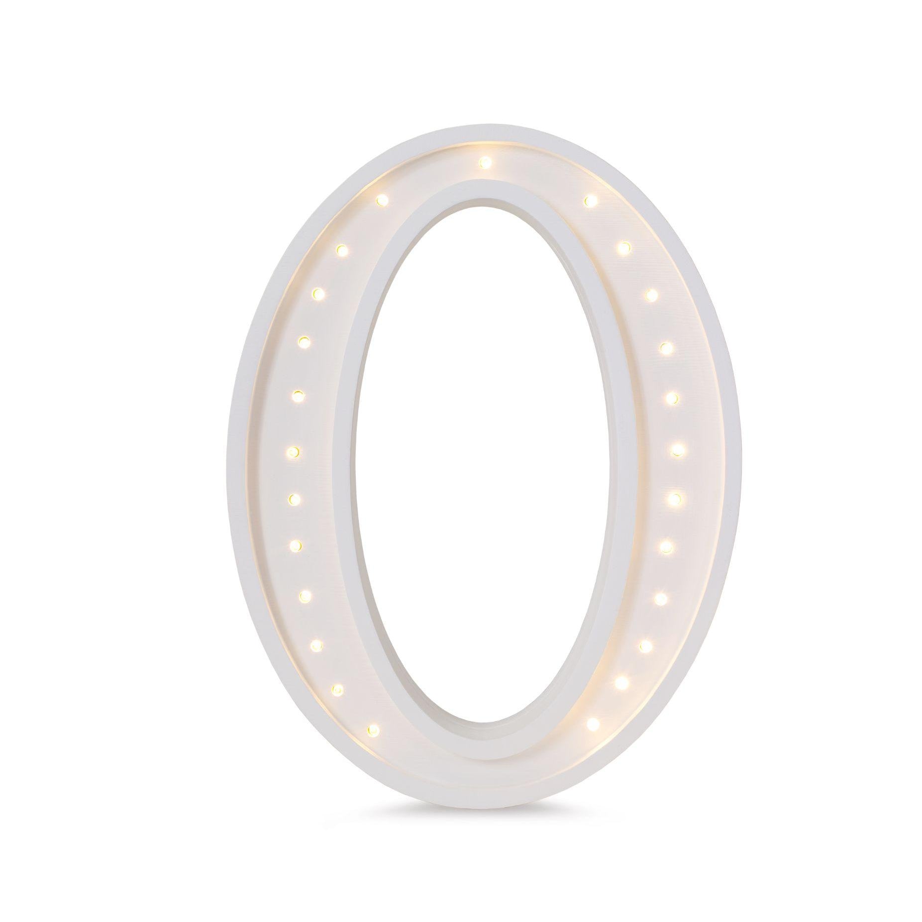 Little Lights wooden letter O night light in white, illuminated
