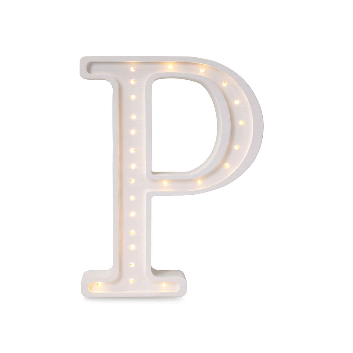 Little Lights wooden letter P night light in white, illuminated