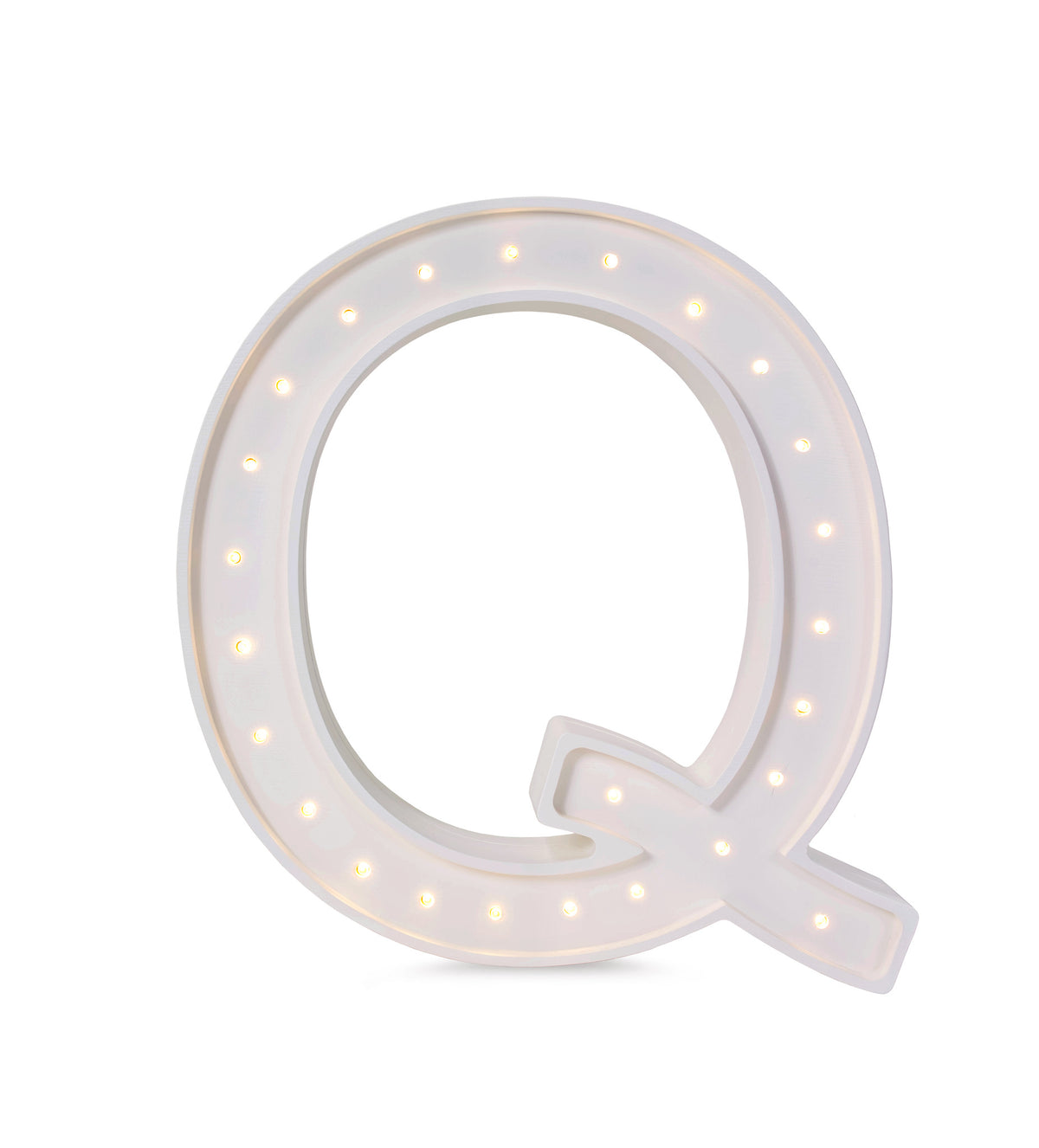 Little Lights wooden letter Q night light in white, illuminated