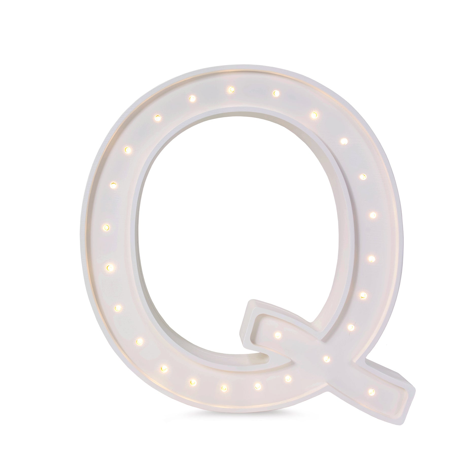 Little Lights wooden letter Q night light in white, illuminated