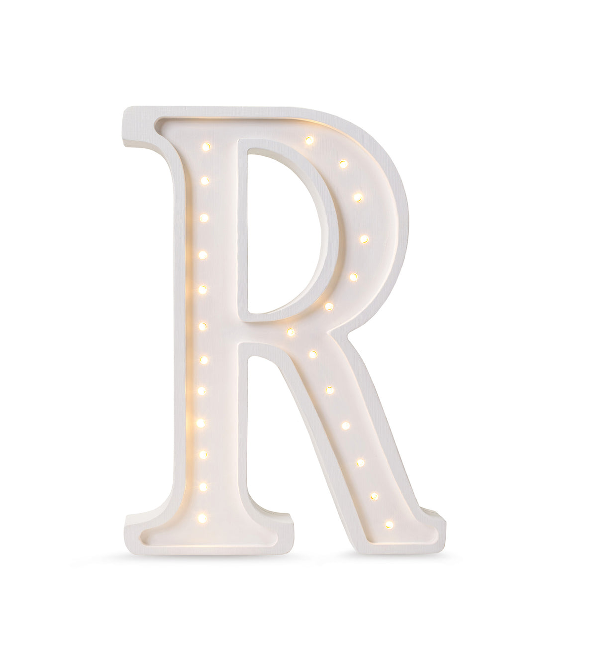 Little Lights wooden letter R night light in white, illuminated