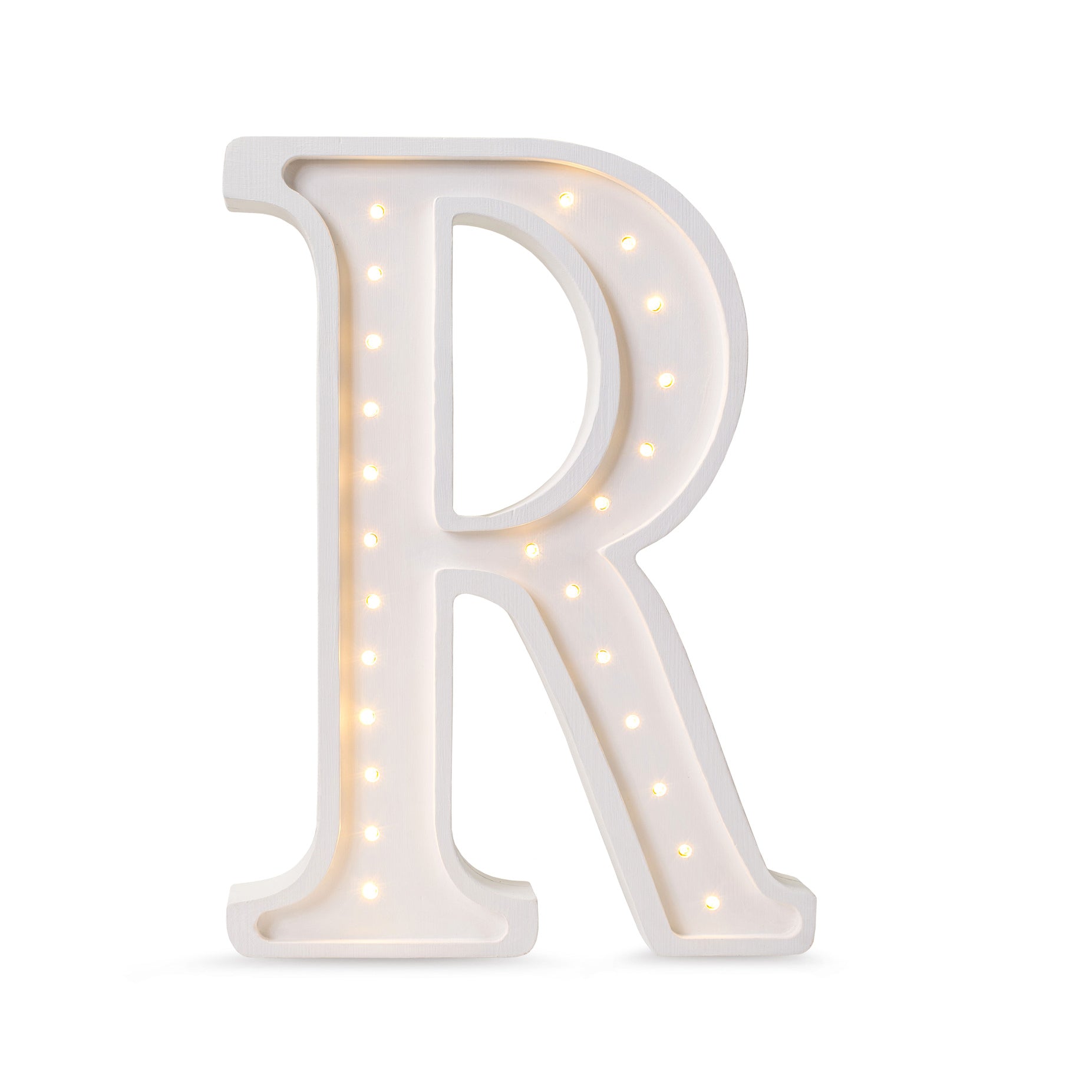 Little Lights wooden letter R night light in white, illuminated