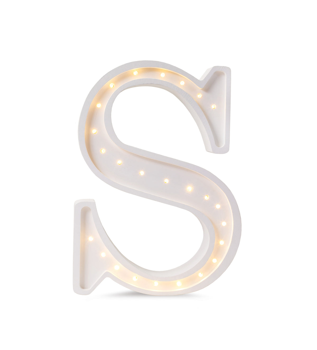 Little Lights wooden letter S night light in white, illuminated