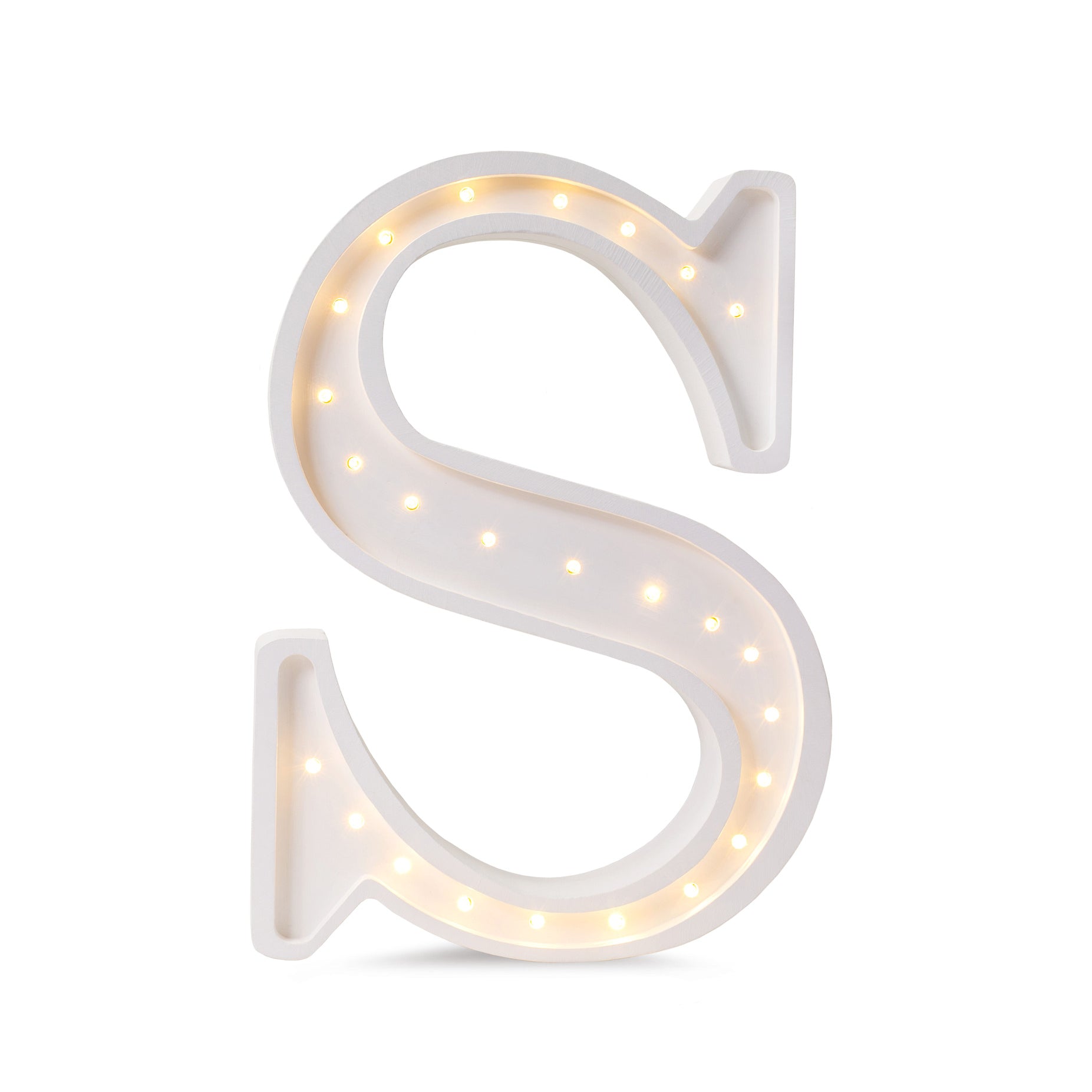 Little Lights wooden letter S night light in white, illuminated