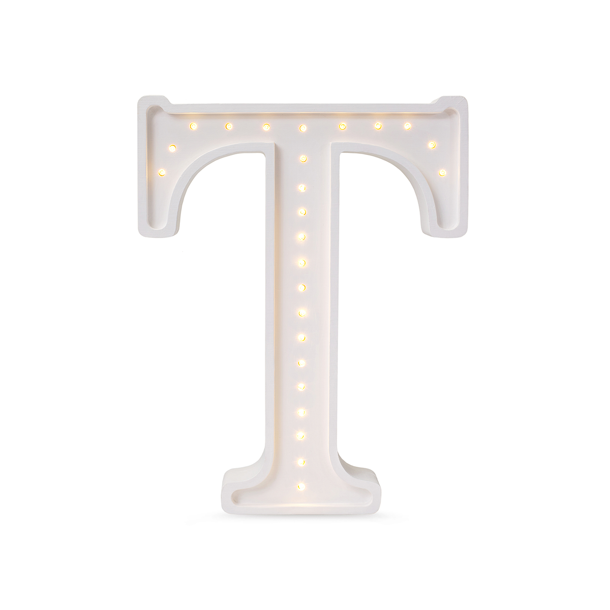 Little Lights wooden letter T night light in white, illuminated