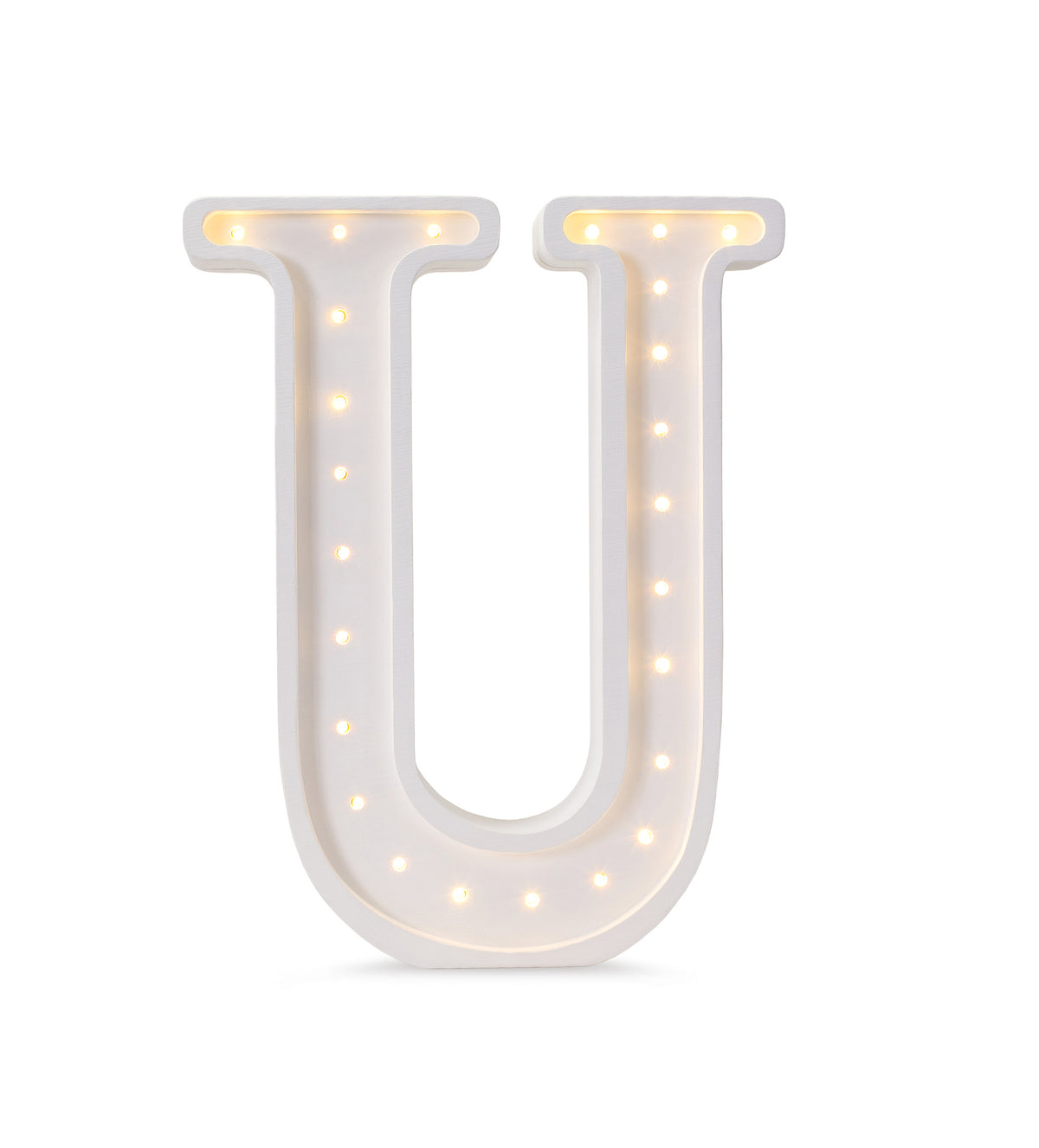 Little Lights wooden letter U night light in white, illuminated