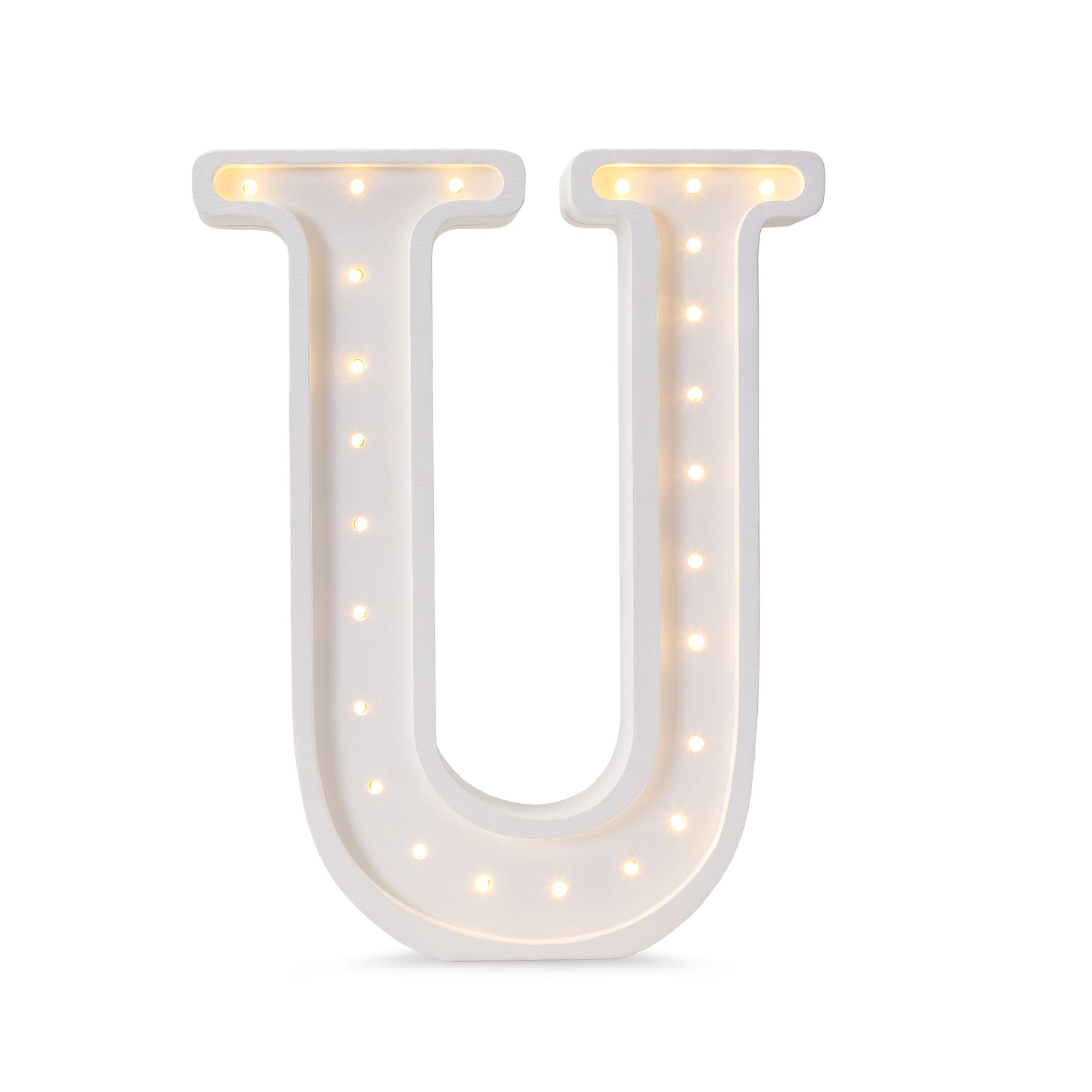 Little Lights wooden letter U night light in white, illuminated