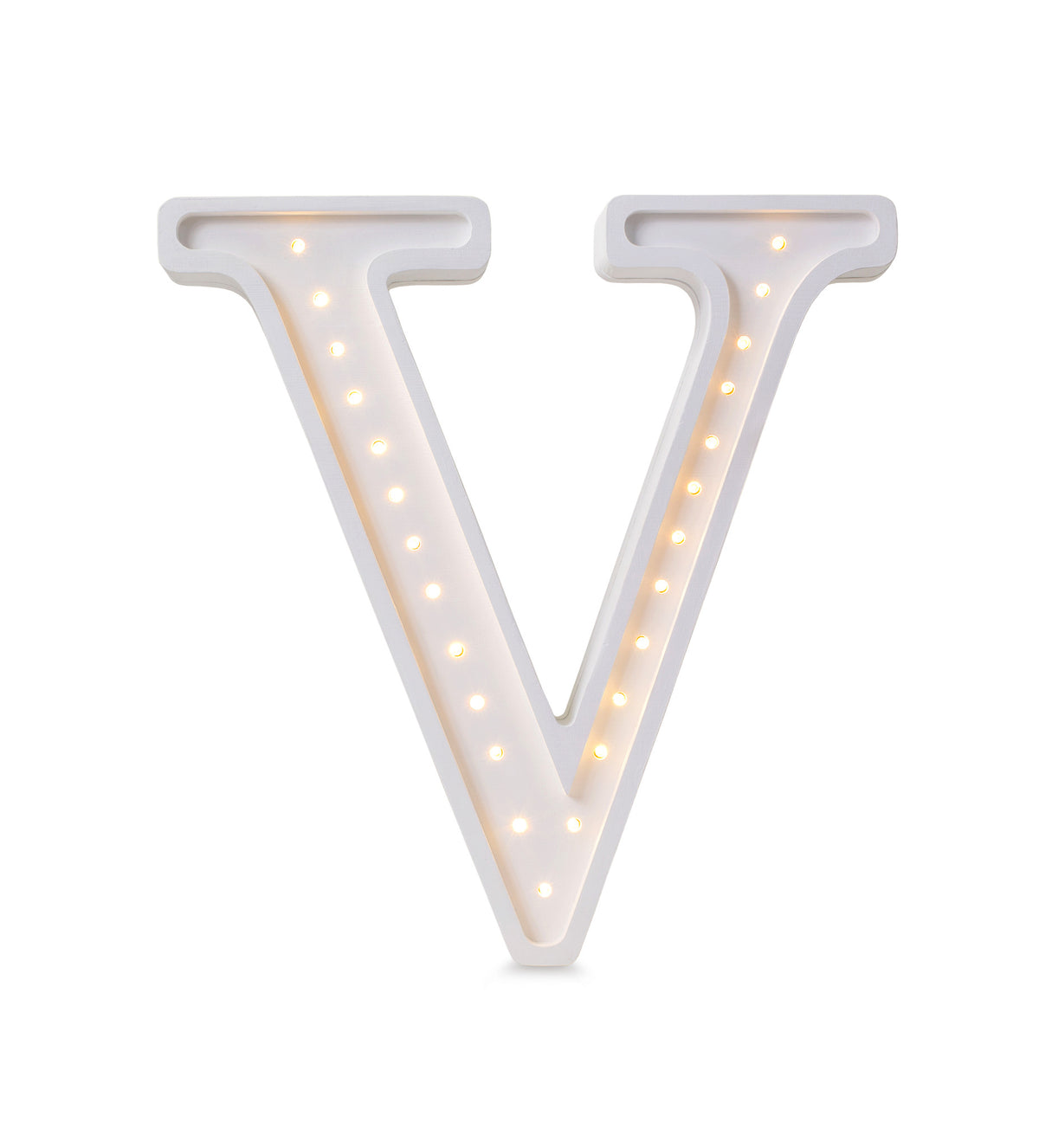 Little Lights wooden letter V night light in white, illuminated