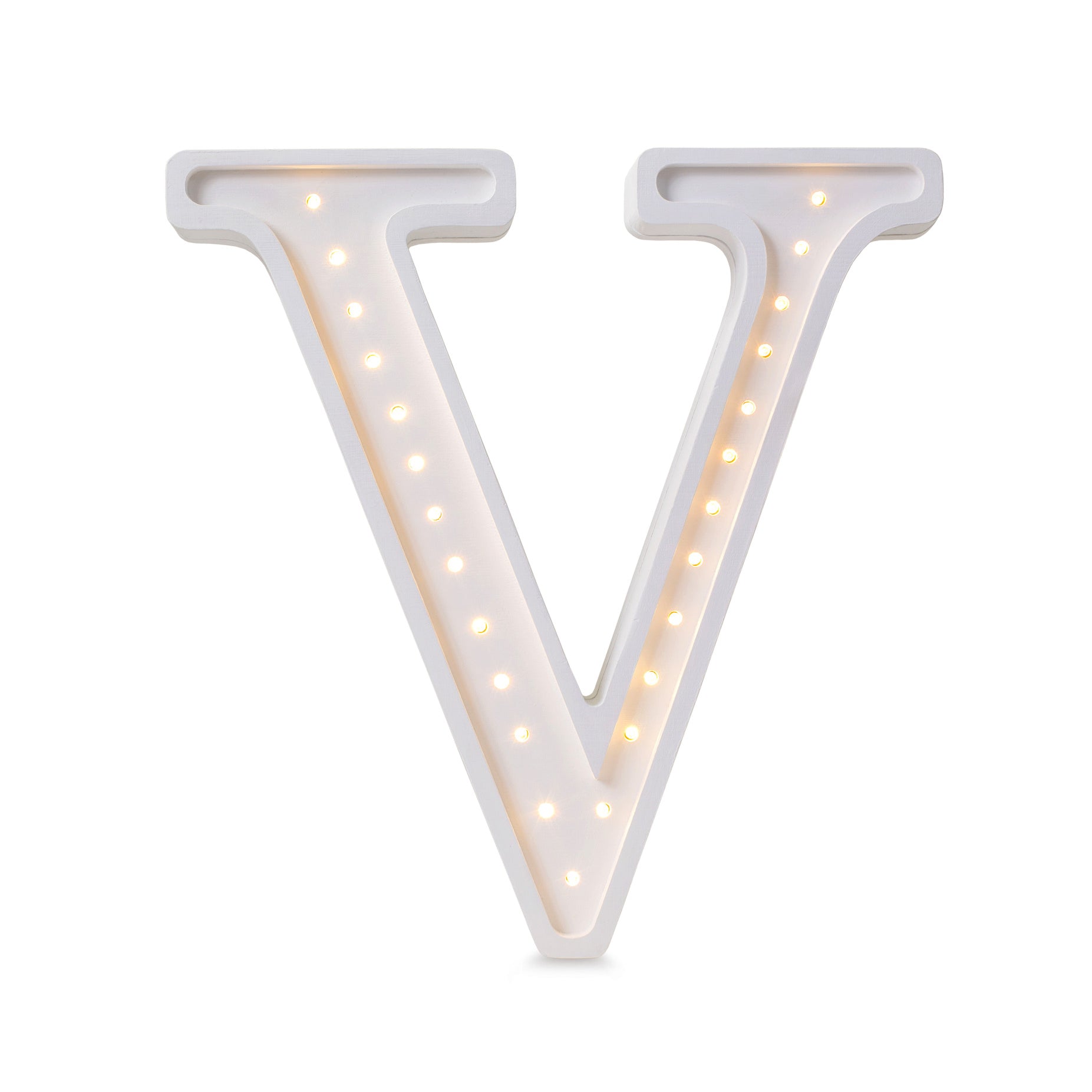 Little Lights wooden letter V night light in white, illuminated