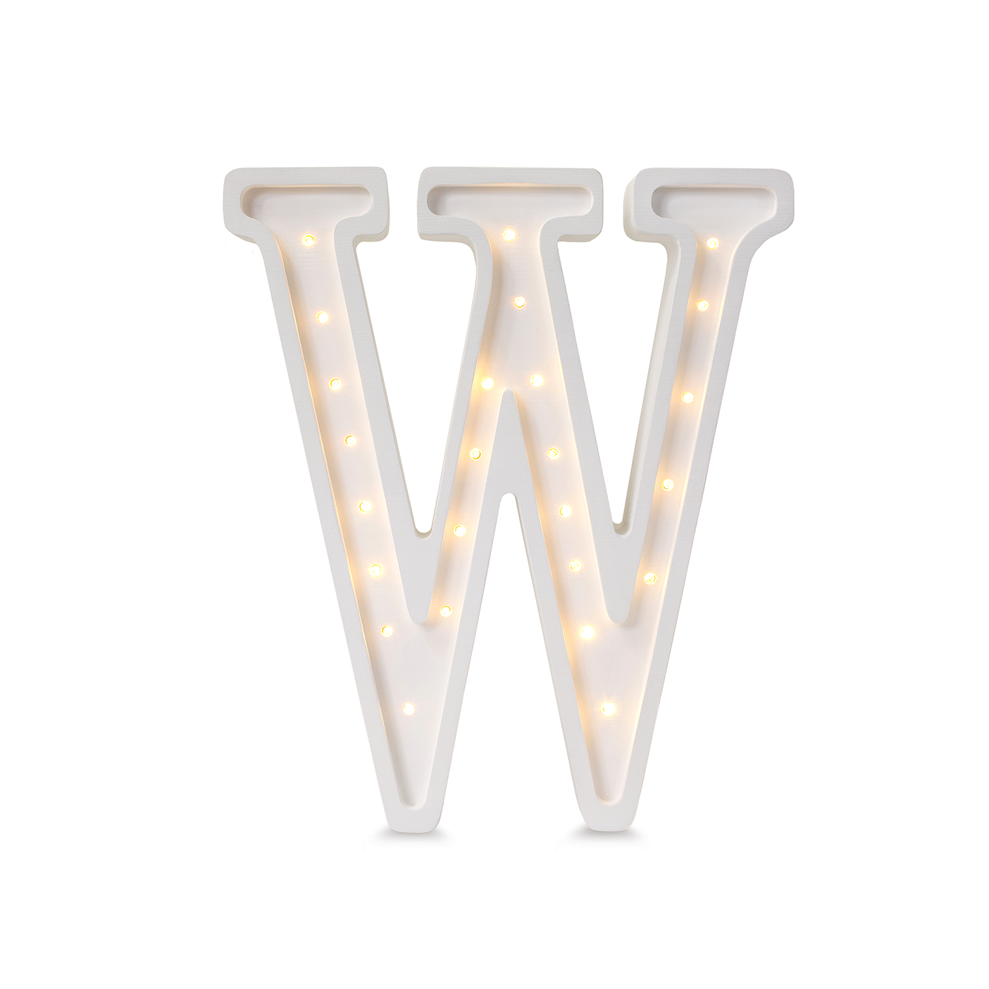 Little Lights wooden letter W night light in white, illuminated