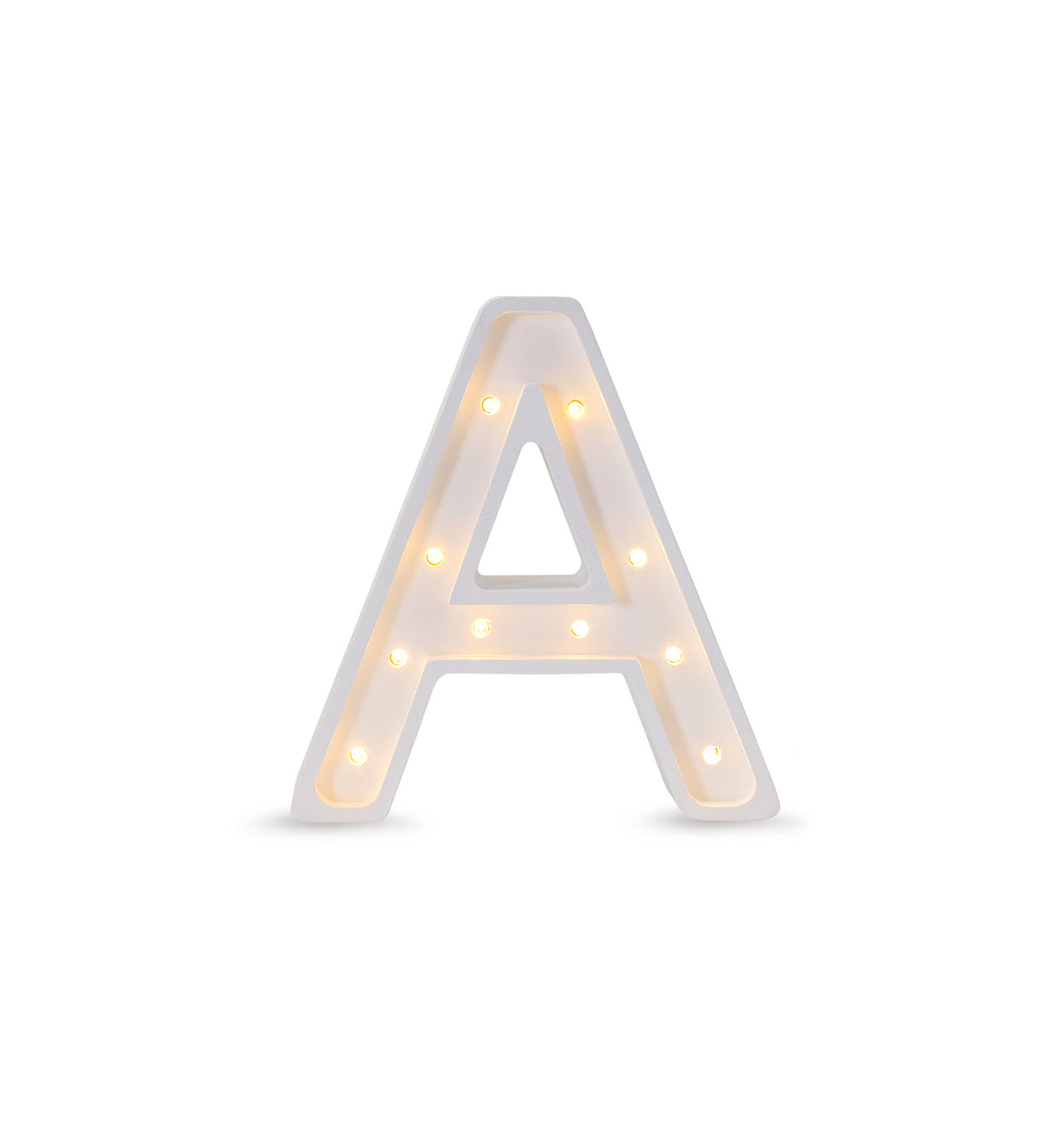 Little Lights mini wooden letter A night light in white, illuminated
