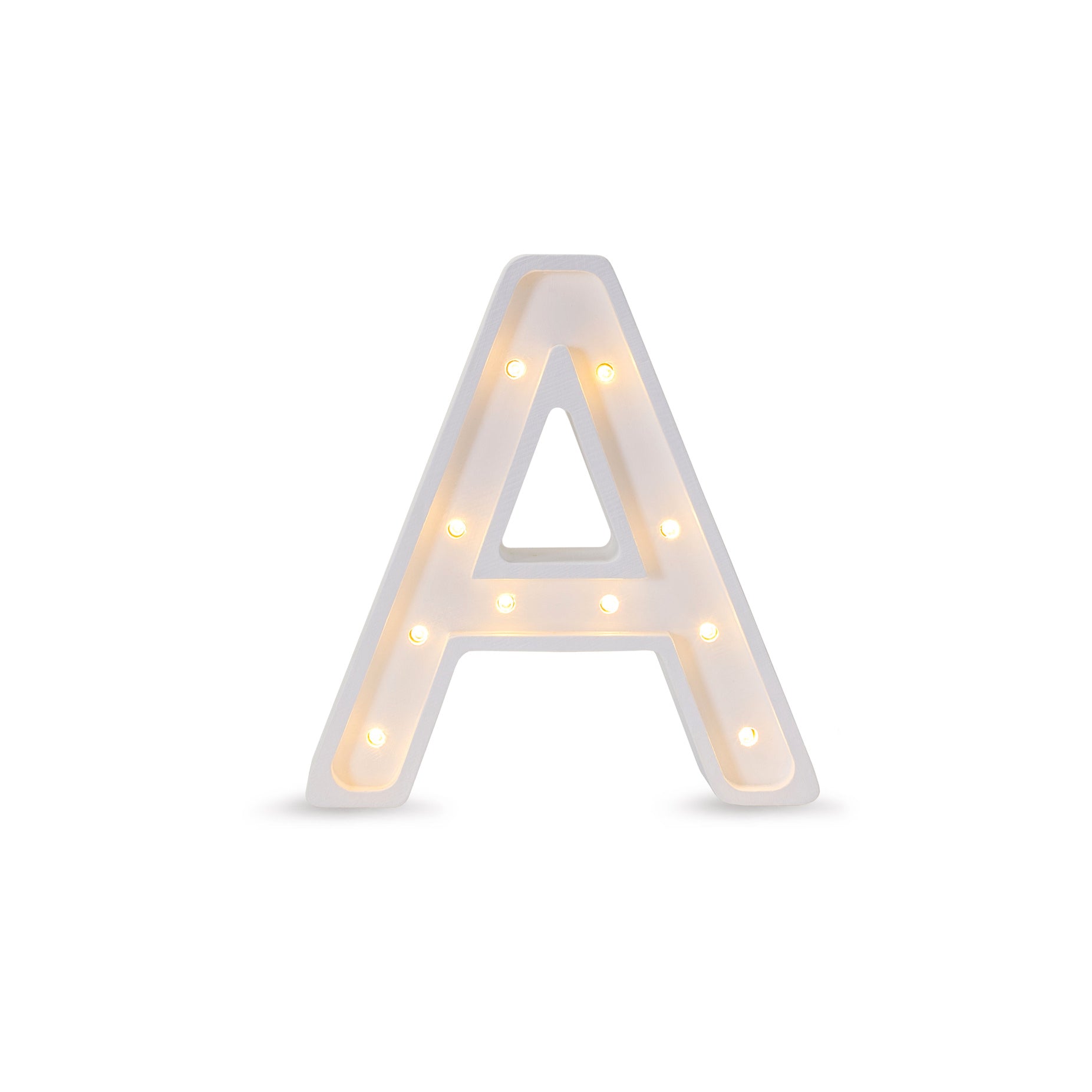 Little Lights mini wooden letter A night light in white, illuminated