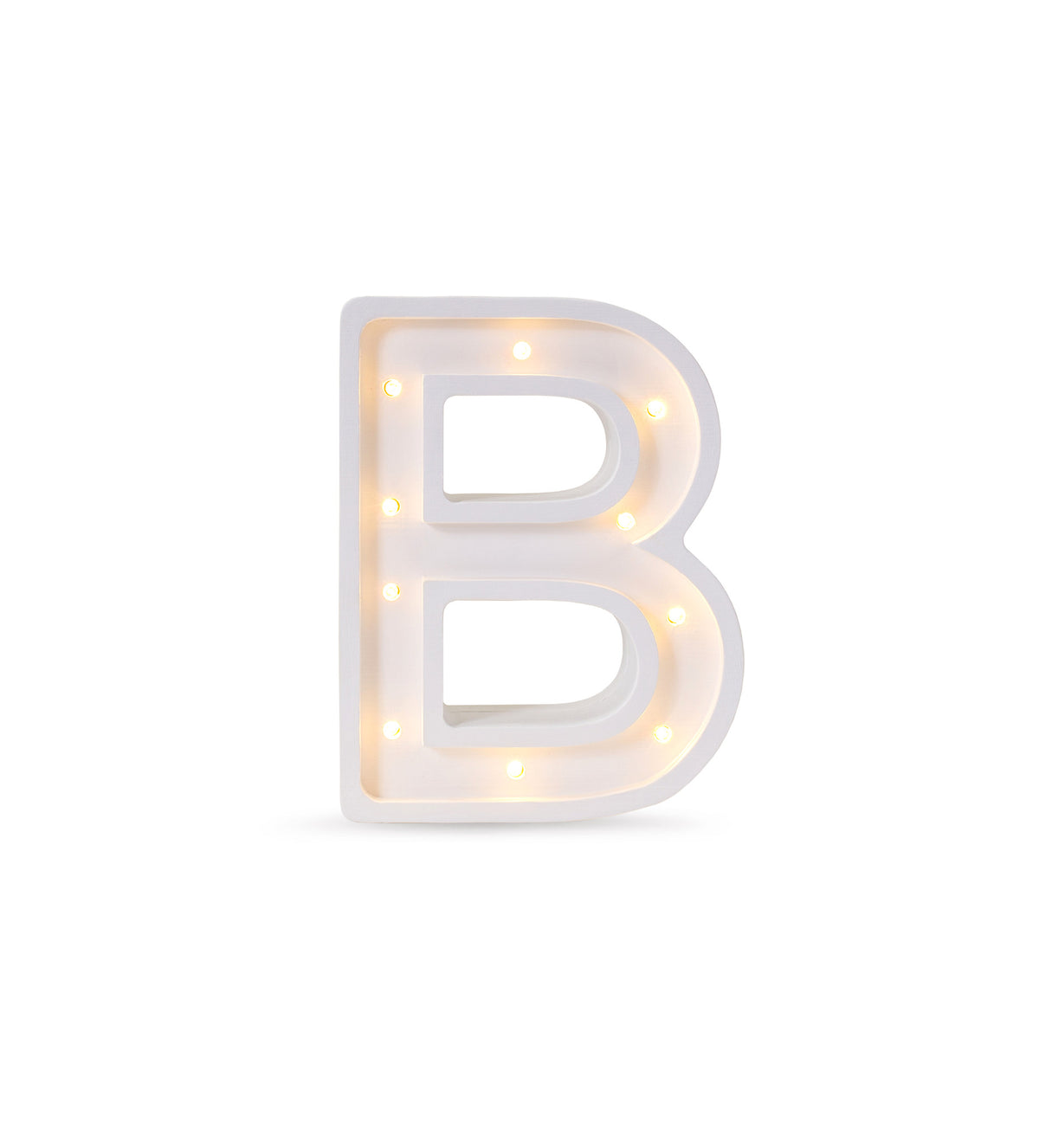Little Lights mini wooden letter B night light in white, illuminated