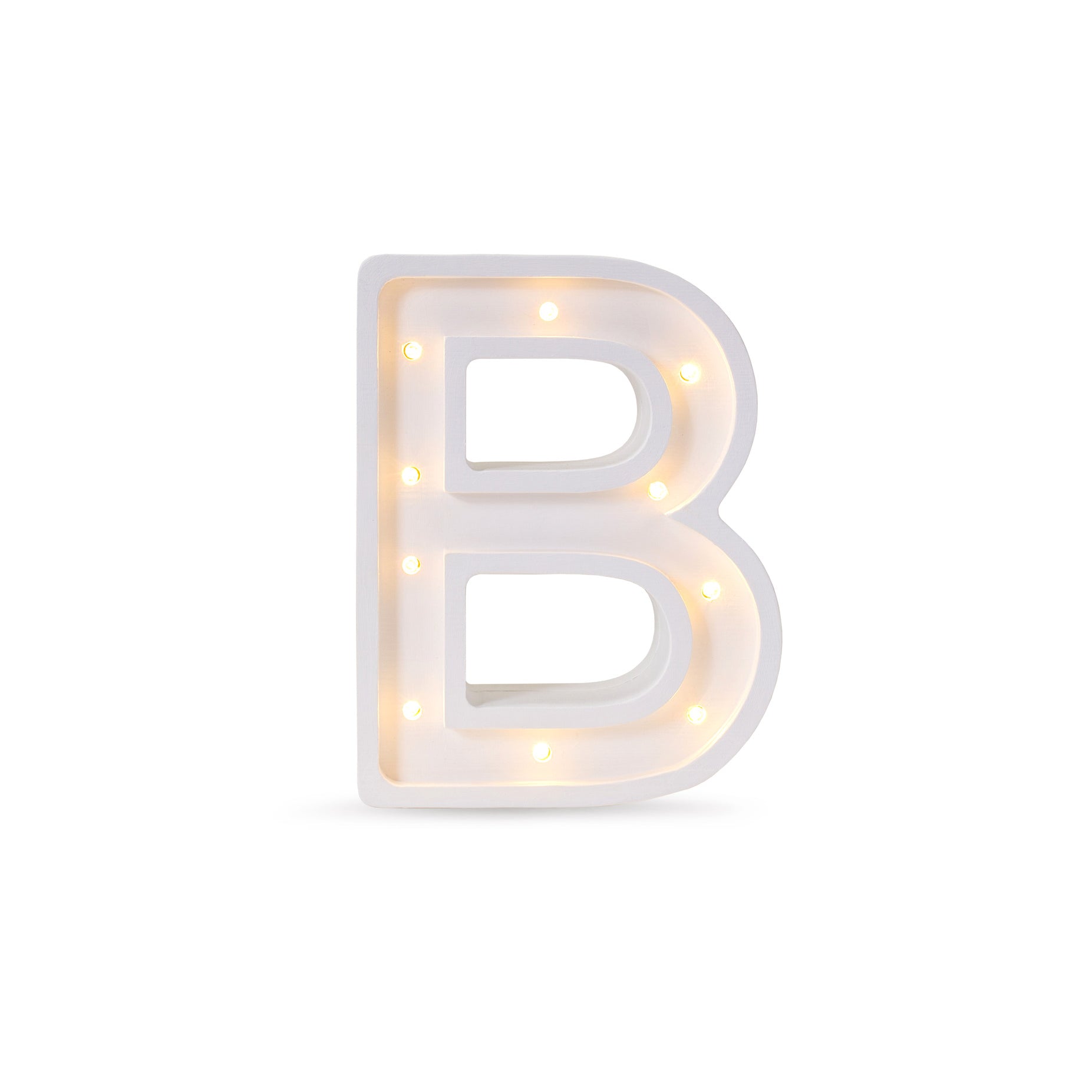 Little Lights mini wooden letter B night light in white, illuminated