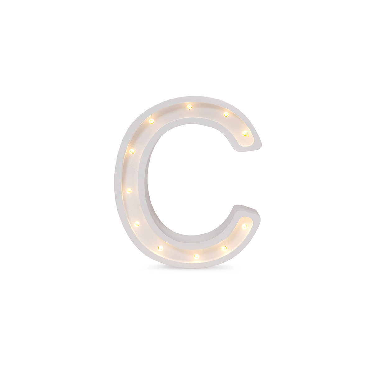 Little Lights mini wooden letter C night light in white, illuminated