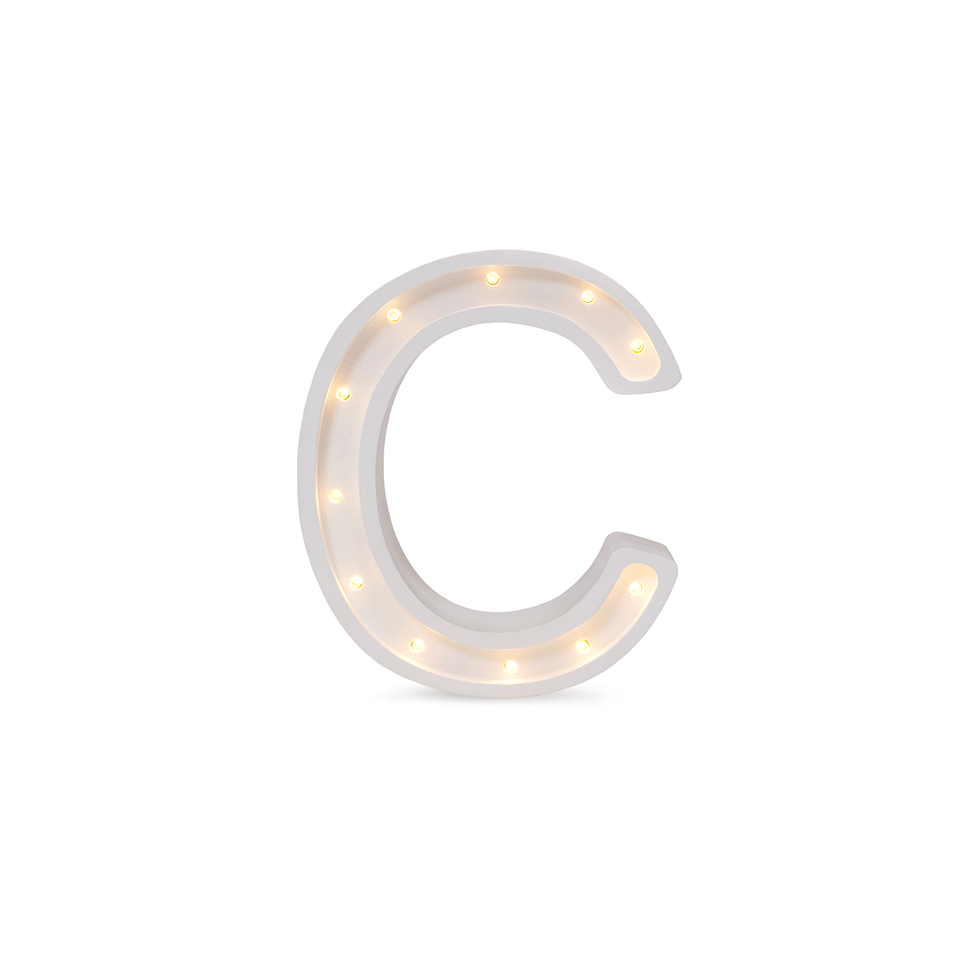 Little Lights mini wooden letter C night light in white, illuminated