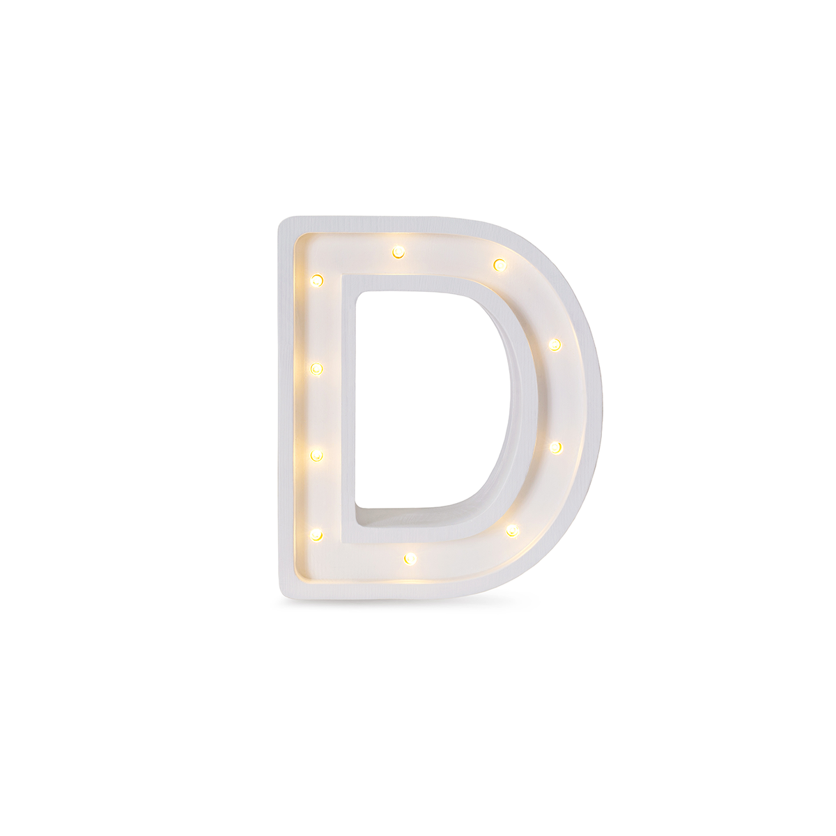 Little Lights mini wooden letter D night light in white, illuminated
