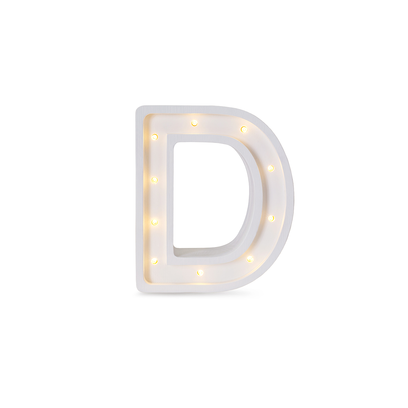 Little Lights mini wooden letter D night light in white, illuminated