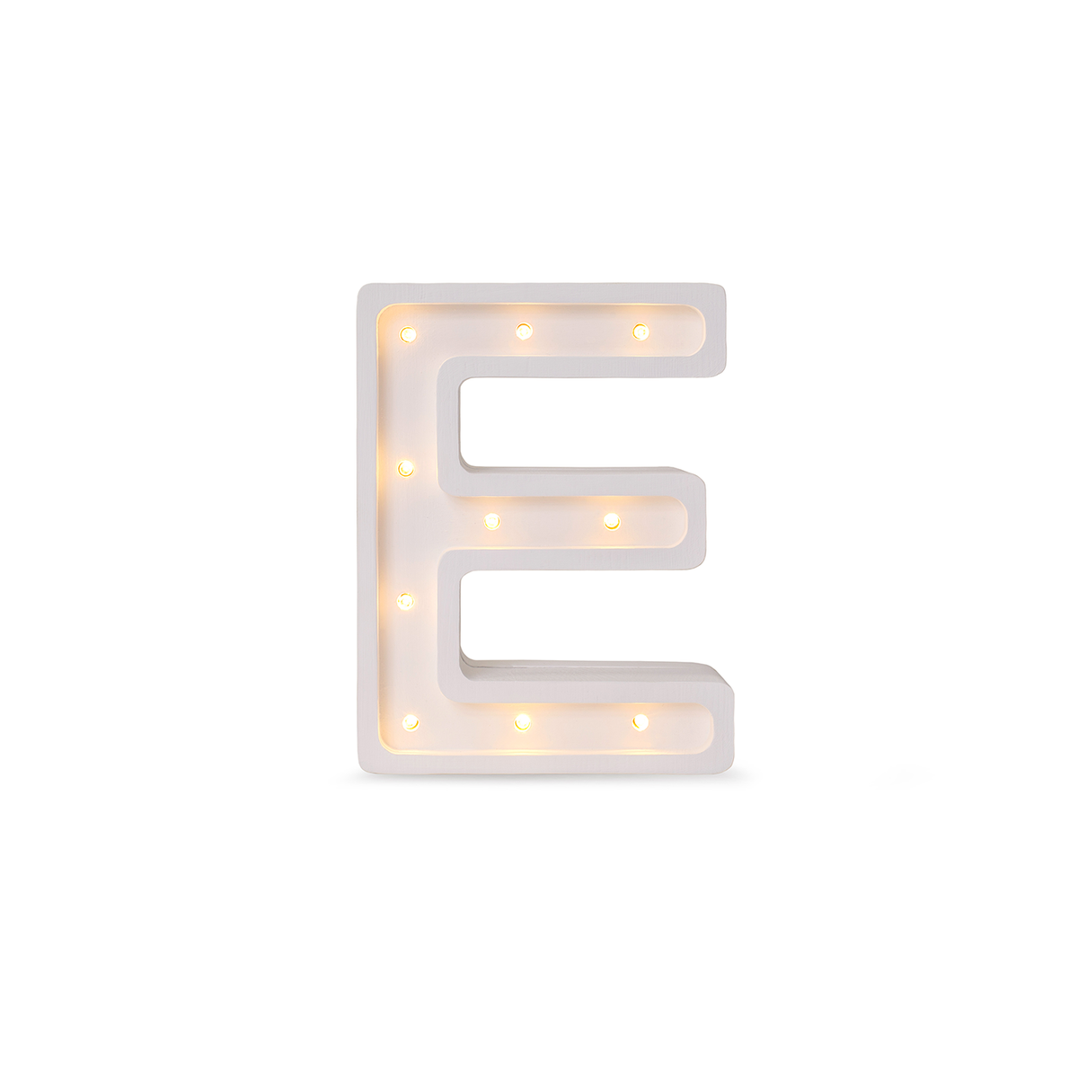 Little Lights mini wooden letter E night light in white, illuminated
